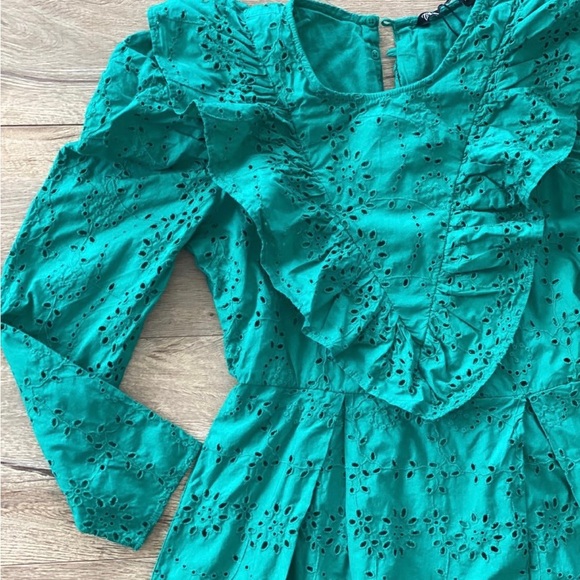 ZARA LARGE EMBROIDERED EYELET GREEN MIDI DRESS LARGE - Picture 3 of 8